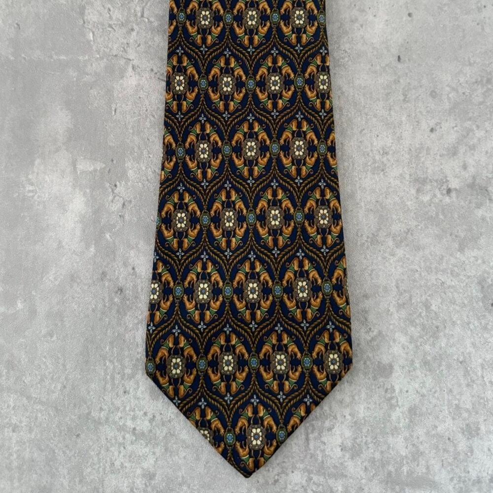 Salvatore Ferragamo Silk Tie VTG Lion Flower Medallion Crown Blue Brown Italy